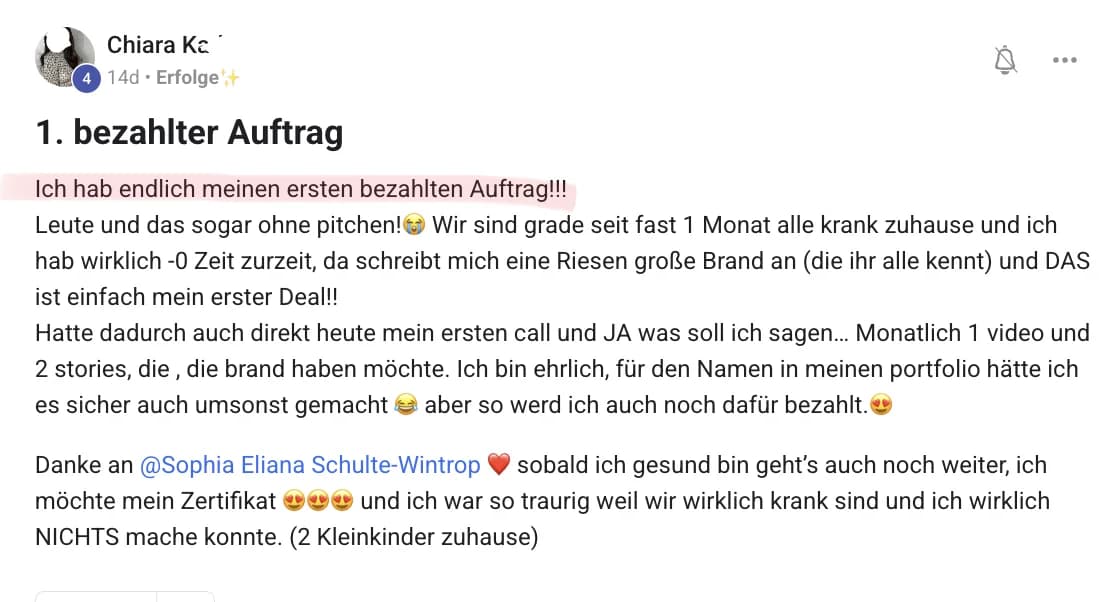 Chiara — Screenshot: „Ich hab endlich meinen ersten bezahlten Auftrag!!!“ — ohne zu pitchen